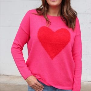 Hot pink with red heart sweater. NWOT size large. Beautiful boutique sweater